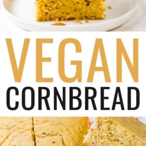 Two pieces of cornbread stacked on top of each other with a dollop of butter and a drizzle of honey. Photo below is of several square pieces of cornbread. Text says "Vegan Cornbread".
