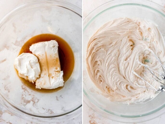 Side by side images of the ingredients to make cream cheese frosting in a bowl (greek yogurt, maple syrup, vanilla, cream cheese) before and after being whipped with beaters.