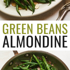 An overhead photo of a serving dish holding green beans almondine. A serving fork and spoon lay next to the dish. Below is a photo of a skillet with green beans and shallots.