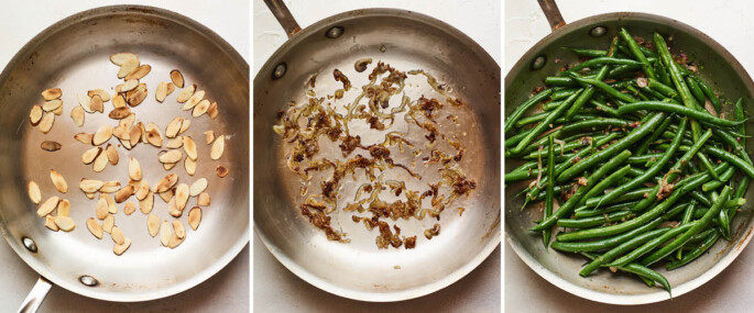 Three photos: 1. Toasting almond slices in a pan. 2. Sautéing shallots in a pan. 3. Green beans in a pan mixed with the shallots.