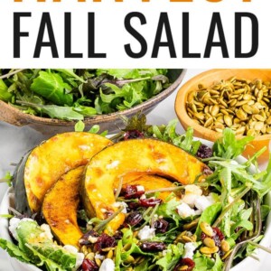 A bowl filled with kale topped with roasted kabocha squash, dried cranberries, pumpkin seeds and feta. A fork rests in the bowl. In the background there are two additional bowls holding more kale and some pumpkin seeds.