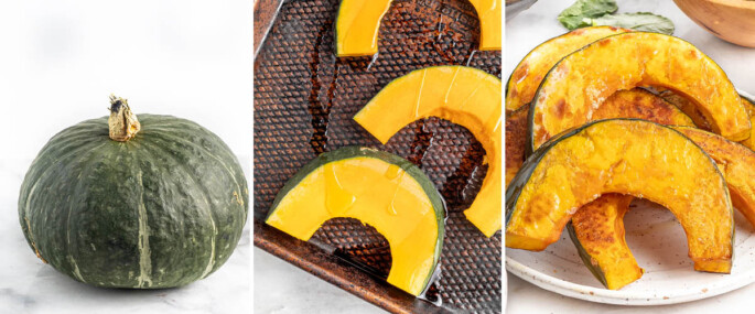 Three photos: a whole kabocha squash, the squash cut into half-ring shapes and then the roasted squash on a plate.