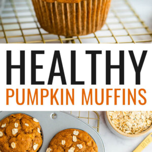 Two photos. The first is two pumpkin muffins stacked and the muffins have some oats sprinkled on top. The second photo is a muffin tin of the pumpkin muffins. Pumpkin pie spice tin and teaspoon is next to the tin.