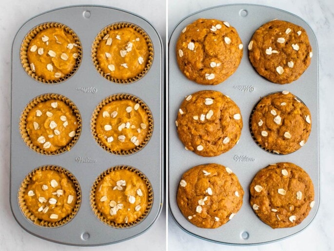 Side by side photos of a tin of six pumpkin muffins topped with oats before and after being baked.