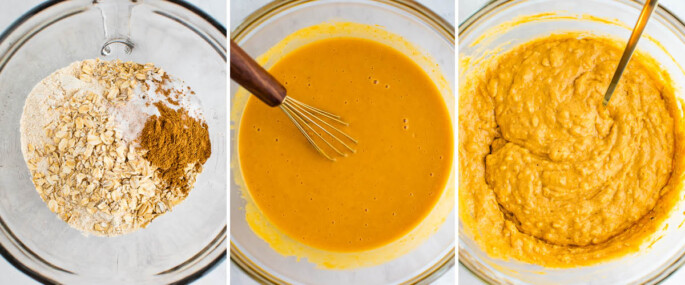 Three photos showing the dry ingredients, wet ingredients and pumpkin muffin batter mixed together.