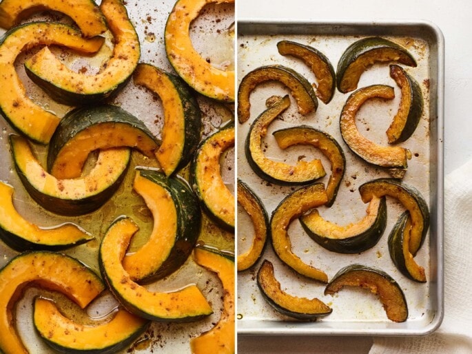 Side by side photos of cinnamon maple kabocha squash on a sheet pan before and after being roasted.