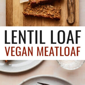 An overhead shot of a cutting board with a partially sliced lentil loaf on parchment paper. A knife lays on the cutting board perpendicular to the loaf. Photo below is a plate with two slices of the lentil loaf and some salad.