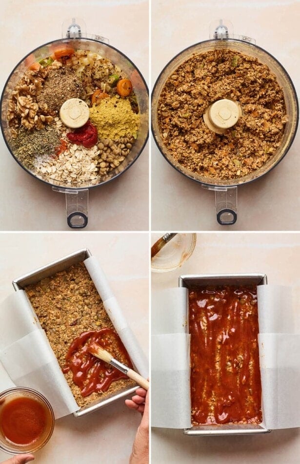 Collage of four photos showing the process on how to make a vegan meatloaf, two photos of the lentils and other ingredients before and after being processed, a photo of someone brushing ketchup on the top of the loaf and the ketchup brushed loaf in a pan.