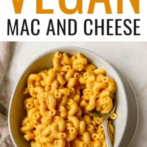 Bowl of vegan mac and cheese with a spoon. Text reads "Vegan Mac and Cheese"