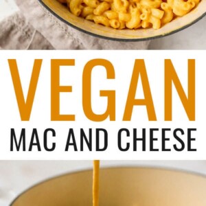 Top photo: dutch oven pot with vegan mac and cheese, bottom photo: vegan "cheese" sauce being poured into the pot of macaroni. Text reads "Vegan Mac and Cheese"