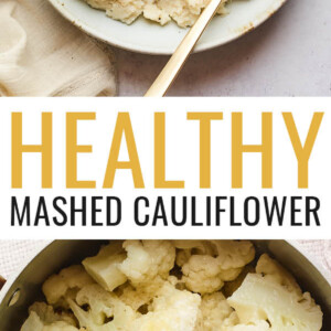 A bowl of mashed cauliflower topped with chives. A serving spoon rests inside the bowl. Photo below is cauliflower in a pot.