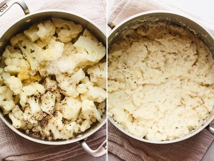 Side by side photos of cauliflower in a pot before and after being mashed.