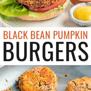 A black bean pumpkin burger on a bun with lettuce, tomato and onion. The burger is on a plate with two small ramekins of mustard and ketchup. There is a small pumpkin in the background. Below is a photo of six pumpkin burgers in a skillet.