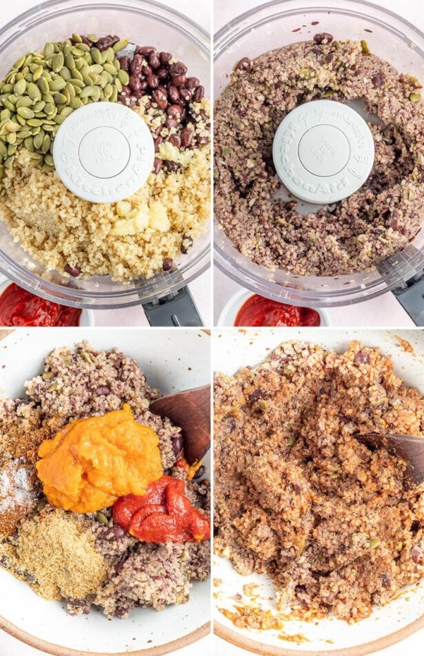 Four photos showing a food processor mixing quinoa, black beans, pumpkin seeds, and then a mixing bowl mixing in pumpkin and spices.