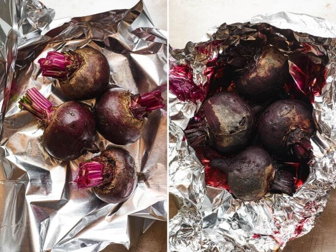 Two photos side by side: the first is raw beets in some foil, the second is the roasted beets in the foil with juices.