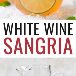 A glass of white wine sangria with a lime slice perfectly showing through the glass. Photo below is a pitcher of the white wine sangria with fruit.
