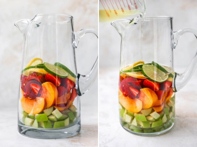 Side by side photos: photo of a glass pitcher with fruit in it, and the second photo is white wine being poured into the pitcher.