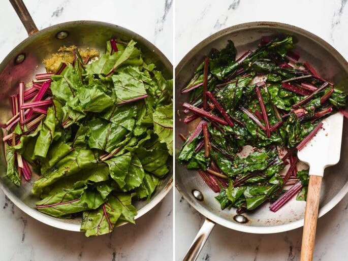 Side by side photos of beet greens in a skillet before and after being cooked.