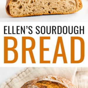 Two photos of sourdough bread: the top is two halves of the loaf so you can see the inside and the bottom photo is a bird's eye view of the sourdough loaf.