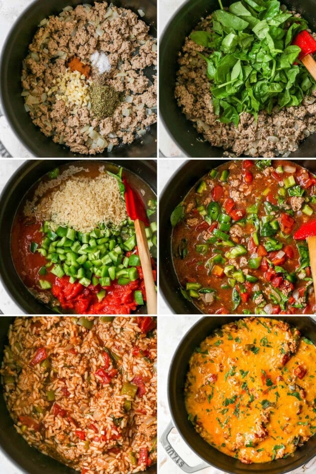 Six photos showing the process on how to make stuffed pepper casserole: sauté the ground turkey, add spinach, veggies, broth and rice, cook and them top with melted cheese.