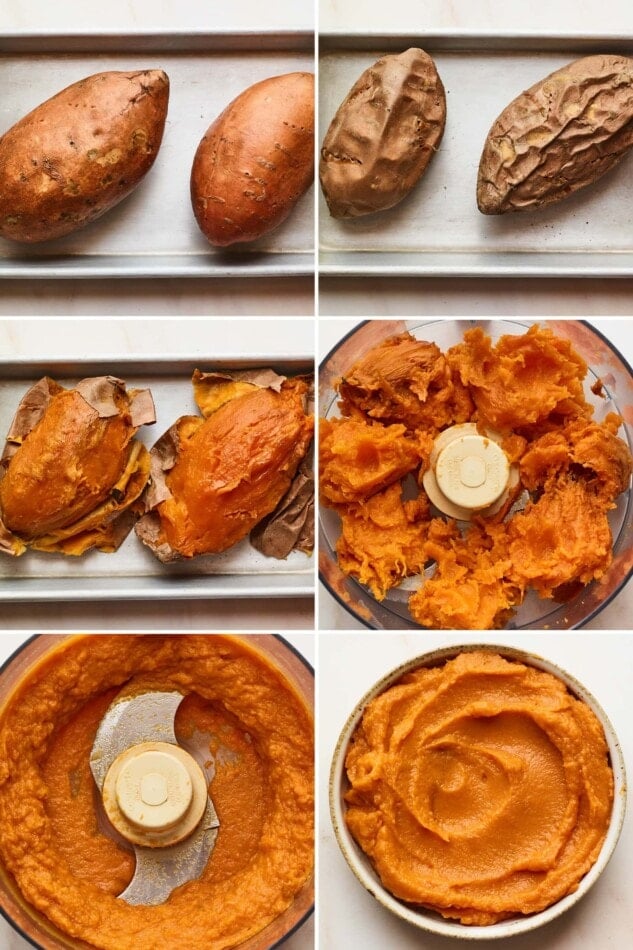 Collage of six photos showing the process of how to make sweet potato puree: roasting the potatoes, peeling them, then blending in a food processor.