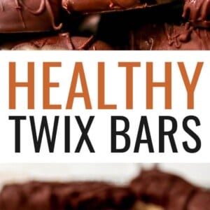 Healthy Twix bars stacked on top of each other. They are cut in half and exposing the inside cookie layer. Photo below is of several homemade Twix bars on parchment paper.