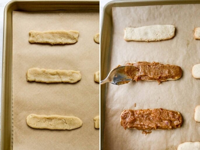 Side by side photos of the shortbread cookie dough in bar shape before being baked. Next photo is a spoon spreading date caramel onto the shortbread cookie.