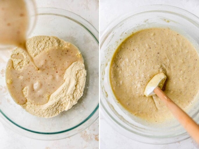 Side by side photos: the first is wet ingredients being poured into a mixing bowl with dry ingredients to make cornbread. The second is the batter mixed together.