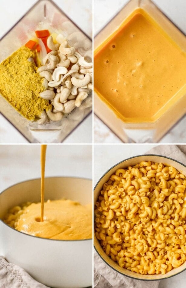 Collage of four photos: the first two are of a cashew/carrot/potato/nutritional yeast mixture in a blender before and after being blended. The third photo is the vegan cheese sauce being poured over a dutch oven pot of elbow macaroni. The fourth photo is of the vegan mac and cheese in a pot.