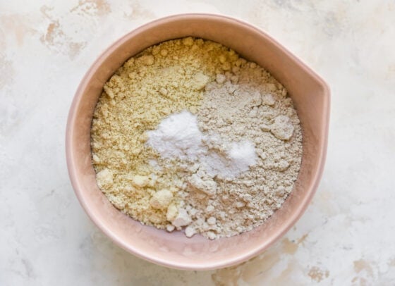 Dry ingredients for birthday cake in a mixing bowl.