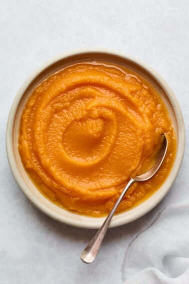 A bowl of butternut squash puree with a spoon.