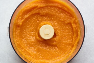 Freshly blended butternut squash puree in a food processor.