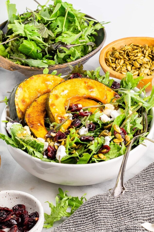 A bowl filled with kale topped with roasted kabocha squash, dried cranberries, pumpkin seeds and feta. A fork rests in the bowl. In the background there are two additional bowls holding more kale and some pumpkin seeds. There is a little bowl in the foreground of cranberries.