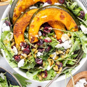 An overhead photo of a bowl of kale topped with 3 slices of roasted kabocha squash and scattered with dried cranberries, pumpkin seeds and feta. A fork rests in the bowl.