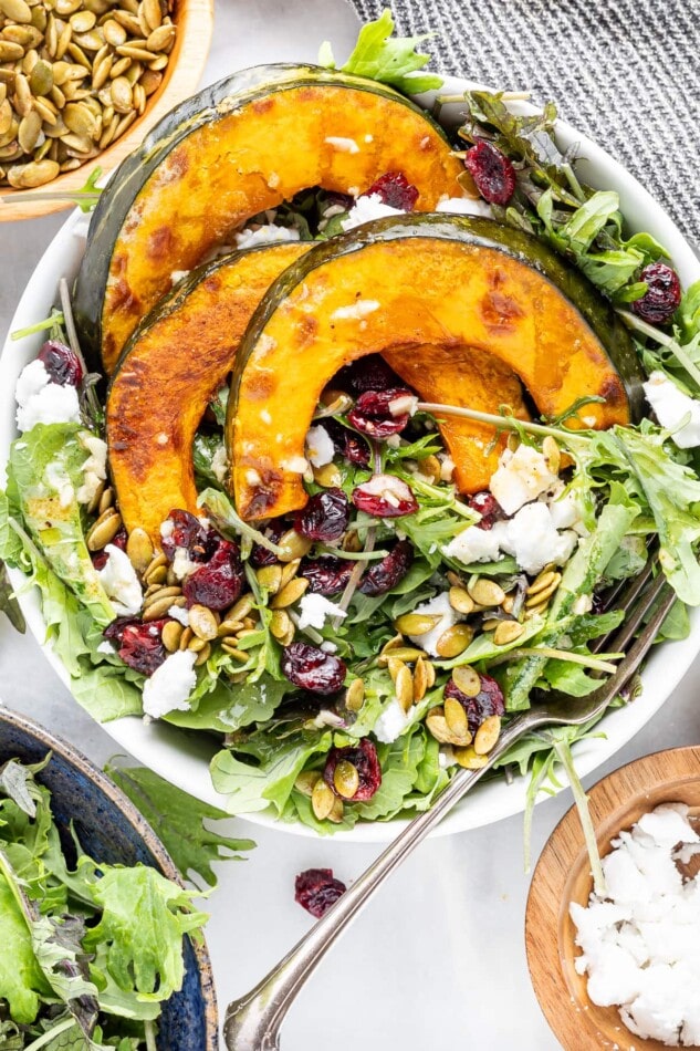 An overhead photo of a bowl of kale topped with 3 slices of roasted kabocha squash and scattered with dried cranberries, pumpkin seeds and feta. A fork rests in the bowl.