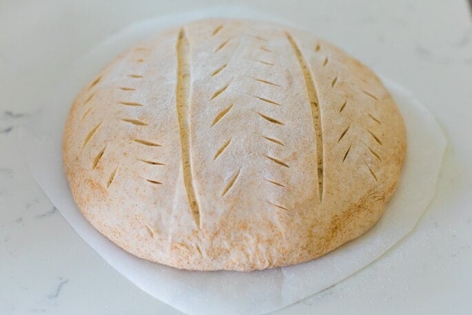 Sourdough bread dough after being scored.