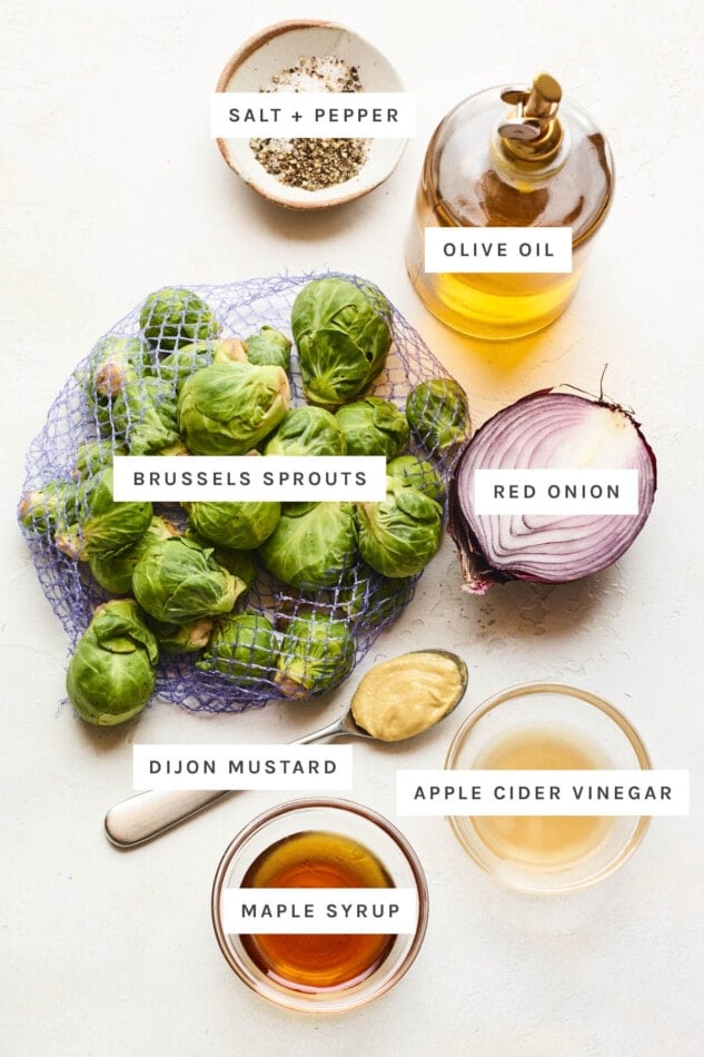 Ingredients measured out to make apple cider vinegar brussels sprouts: salt, pepper, olive oil, red onion, brussels sprouts, dijon mustard, apple cider vinegar and maple syrup.