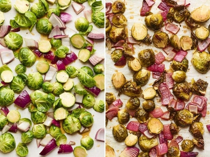 Side by side photos of brussels sprouts and red onion on a sheet pan before and after roasting.