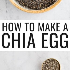 Small bowl with a chia seed egg and a gold spoon. Photo below is of a small bowl with water and a measuring spoon with chia seeds.