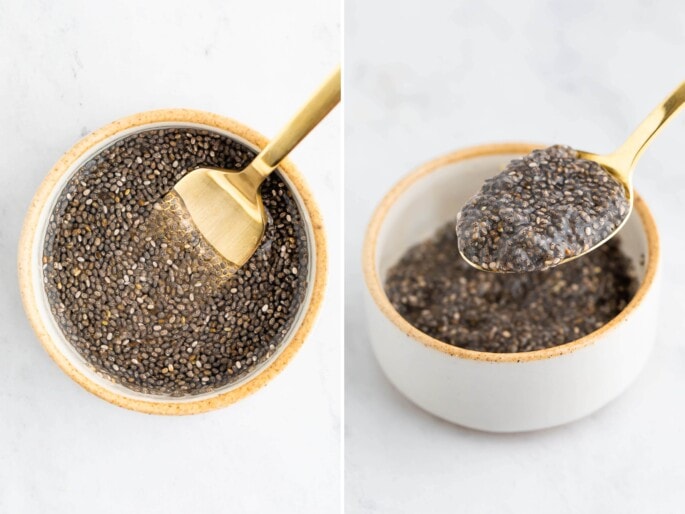 Side by side photos of chia seeds in a bowl of water, before and after gelling up to make a chia egg.