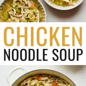 An overhead view of two bowls of chicken noodle soup. There is a pot of soup halfway in the frame and a ladle resting next to the pot. Photo below of the pot of chicken noodle soup.