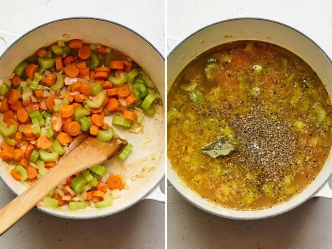 Side by side photos of a dutch oven: the first with a wood spatula in the pot with sautéed onions, celery and carrots. The second is the pot with broth added and a bay leaf.