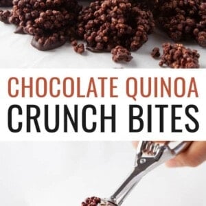 Quinoa crunch bites piled high on a piece of parchment paper. Photo below is of a cookie scoop, scooping the chocolate quinoa puff mixture onto a sheet pan lined with parchment paper to set.