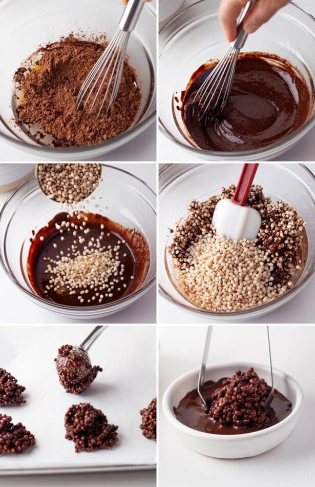 Collage of six photos showing the steps to making chocolate quinoa crunch bites.