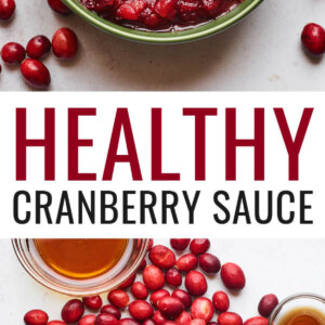 A serving dish containing cranberry sauce. A spoon rests at the top of the bowl and there are whole cranberries scattered around the bowl. Photo below is of the ingredients measured out to make cranberry sauce: maple syrup, vanilla, cranberries, orange juice and zest.