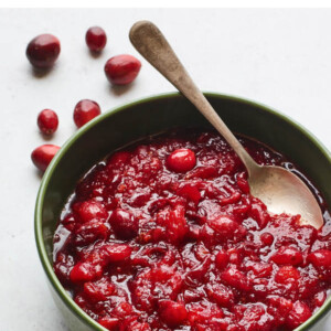 A bowl containing healthy cranberry sauce. A spoon is resting in the bowl and there are a few whole cranberries scattered around the bowl.