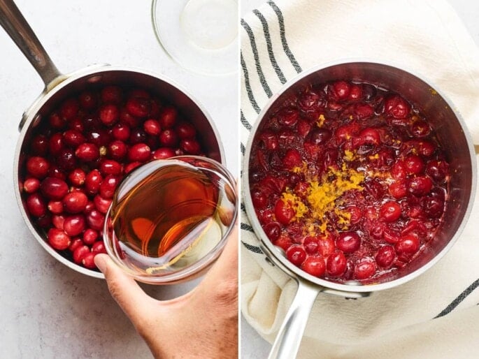 Side by side photos of pots. The first pot is full of fresh cranberries and a hand is pouring over maple syrup. The second photo is a pot of cranberry sauce with orange zest on top.