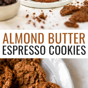 Photo of a stack of almond butter espresso cookies. Photo below is a close up photo of a plate of almond butter espresso cookies.