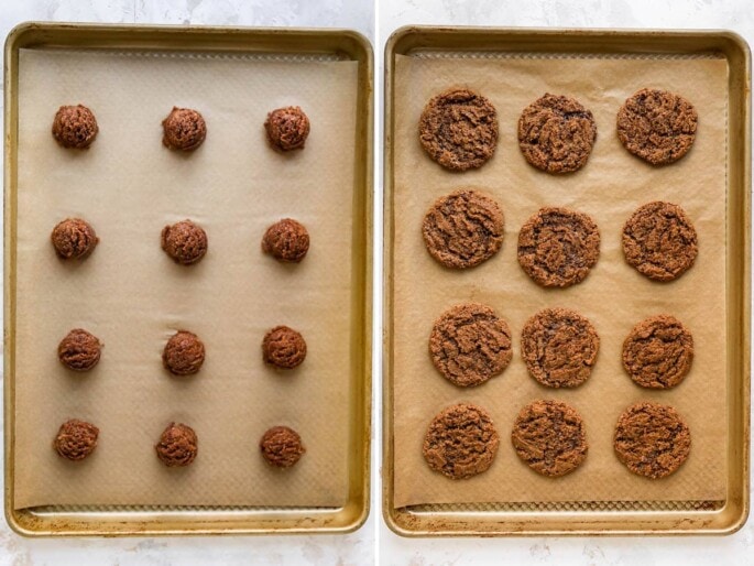 Side by side photos of espresso cookies on a cookie sheet, before and after being baked,