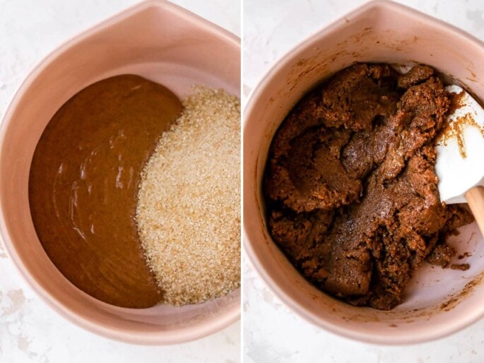 Side by side photos of a mixing bowl with ingredients for almond butter espresso cookies, before and after being mixed.